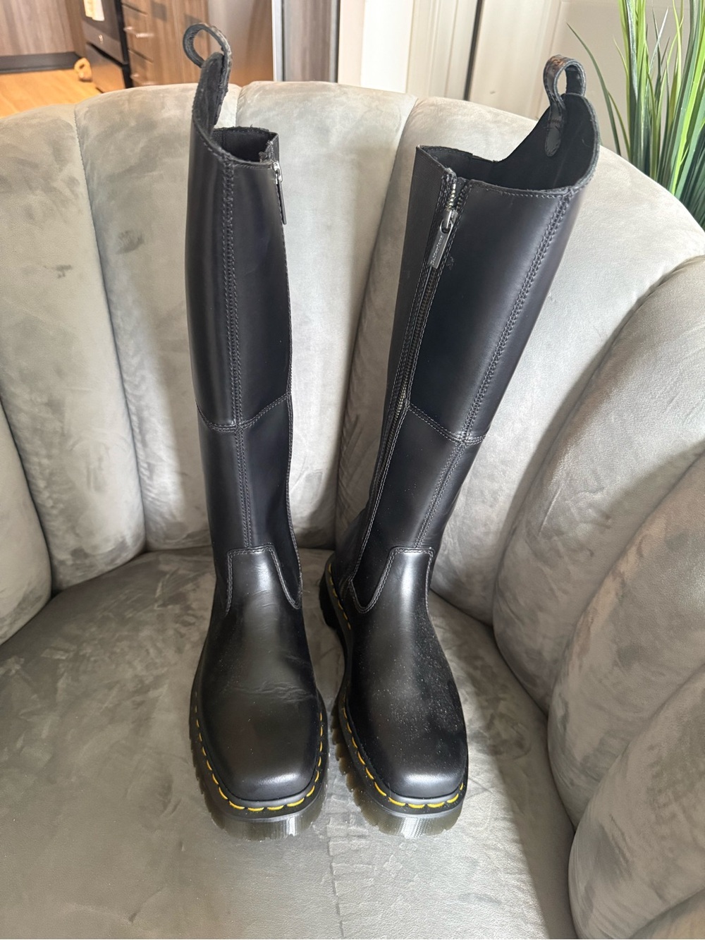 Dr. Martens Black Leather Over-the-Knee Zip Boots with Yellow Stitching